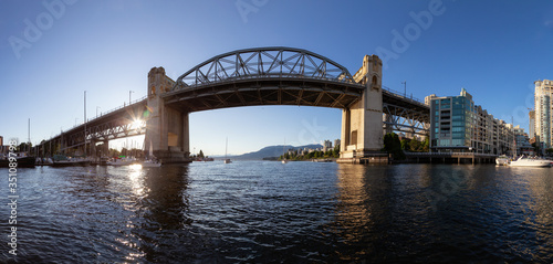 False Creek  Downtown Vancouver  British Columbia  Canada. Beautiful Panoramic View of Modern City during a sunny spring sunset. Cityscape Panorama