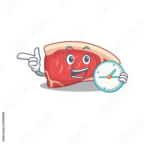 mascot design style of sirloin standing with holding a clock