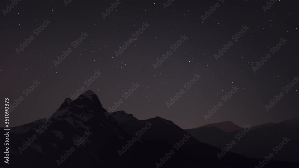 Night sky dynamic animation. Galaxy and stars are moving. Beautiful evening landscape. Starry night time lapse clip. Flying comets. Mountain or hill peaks silhouettes on the front. 4K video, 3D Render Night sky dynamic animation. Galaxy and stars are moving. Beautiful evening landscape. Starry night time lapse clip. Flying comets. Mountain or hill peaks silhouettes on the front. 4K video, 3D Render