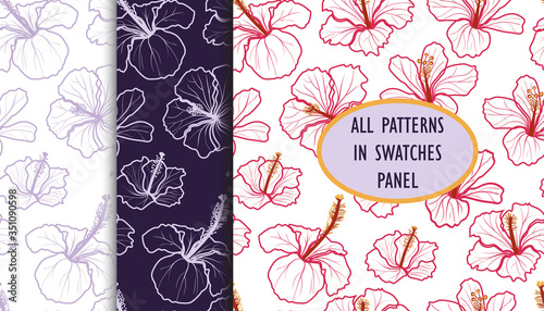 Set of Tropical flowers seamless patterns. Vector Outline Hibiscus flower. Summer hawaiian hibiscus. Seamless exotic floral pattern on the white and dark background