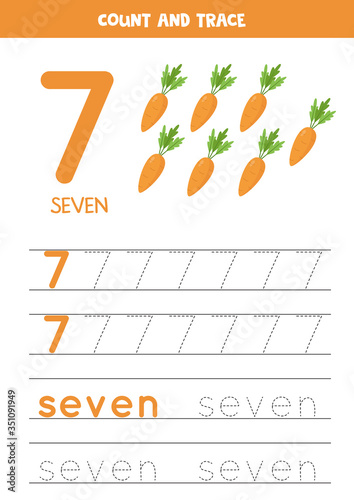 Tracing the word seven and the number 7. Cartoon carrots vector illustrations.