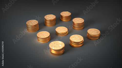 Golden dollar tokens tower forming separate money stacks. Evenly divided and spaced golden coins