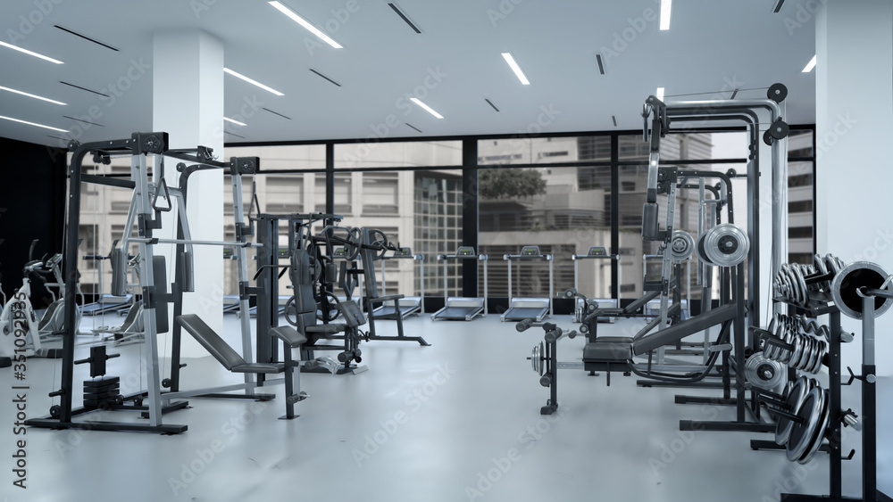 Empty modern gym interior with sports equipment, heavy gym equipment  arranged inside modern fitness club. Иллюстрация Stock | Adobe Stock