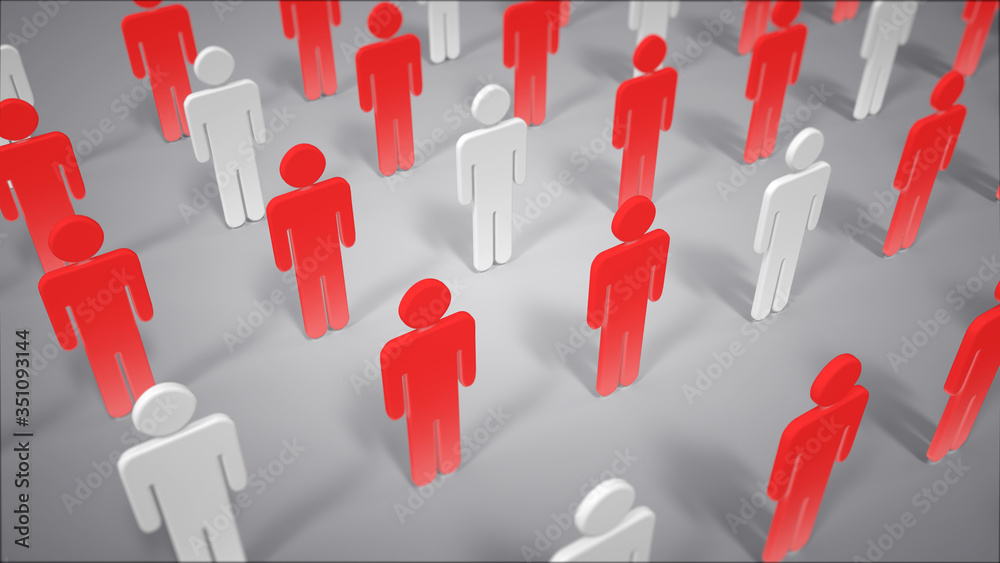 Close-up on Men Miniatures Turning Red Illustrating the Concept of Spreading Virus. Men Arranged in Lines Forming a Grid of Infected People Close-up on Men Miniatures Turning Red Illustrating the Concept of Spreading Virus. Men Arranged in Lines Forming a Grid of Infected People
