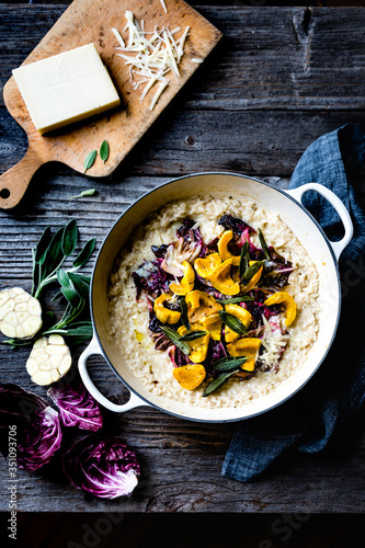 Risotto with roasted delicata squash, radicchio and cheese. photo