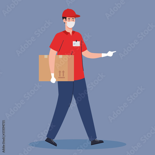 contactless delivery, courier worker using face mask vector illustration design