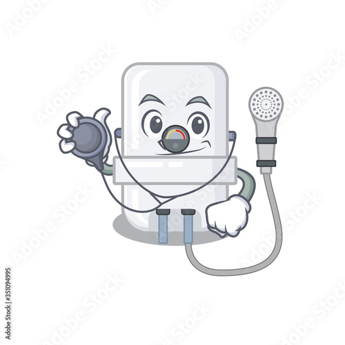 Smiley doctor cartoon character of electric water heater with tools
