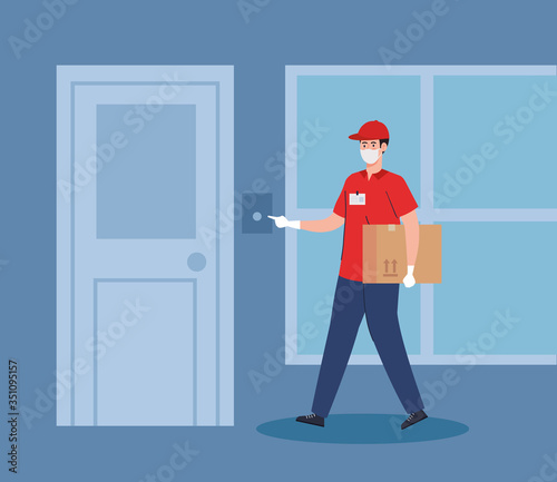 safe contactless delivery courier to house by covid 19 vector illustration design