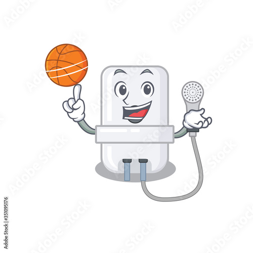 Sporty cartoon mascot design of electric water heater with basketball