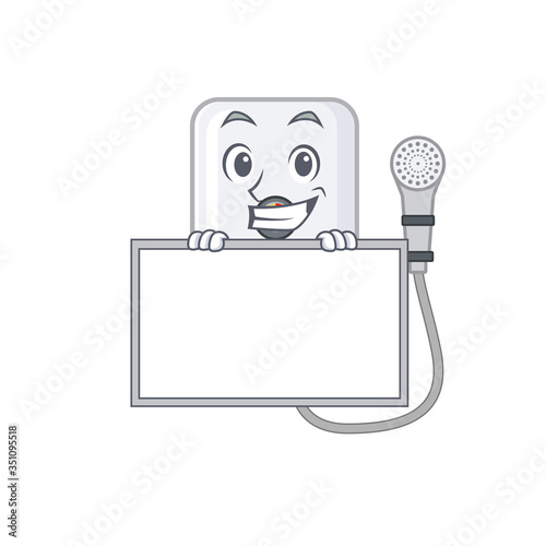 electric water heater cartoon design style standing behind a board