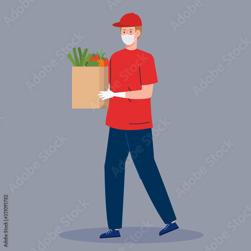 contactless delivery, courier worker using face mask vector illustration design