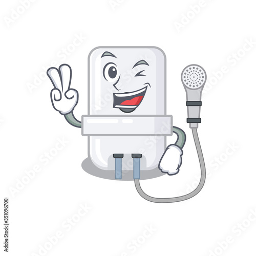 Happy electric water heater cartoon design concept show two fingers