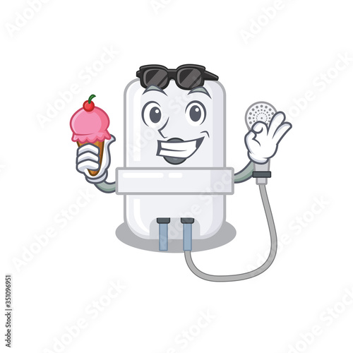 A cartoon drawing of electric water heater holding cone ice cream