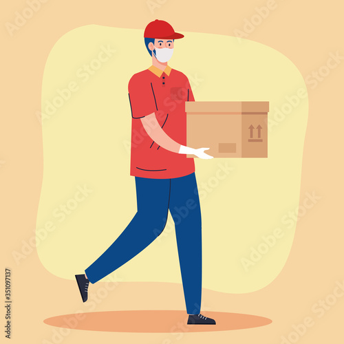 contactless delivery, courier worker using face mask vector illustration design