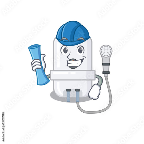 caricature picture of electric water heater Architect with blue prints