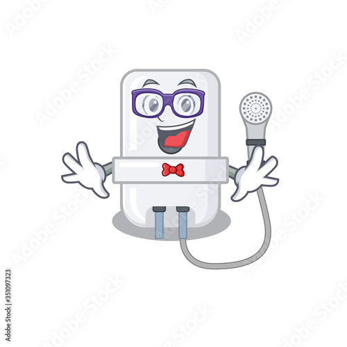 A cartoon drawing of geek electric water heater wearing weird glasses
