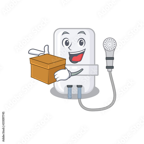 A cheerful electric water heater cartoon design concept having a box