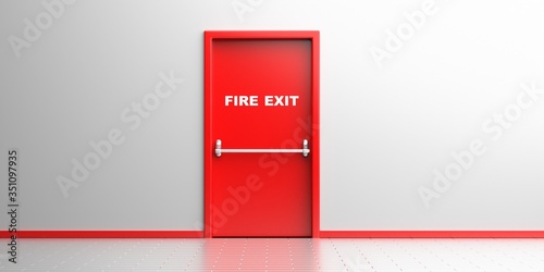 Fotografija Fire exit sign on a red door in white color building interior background