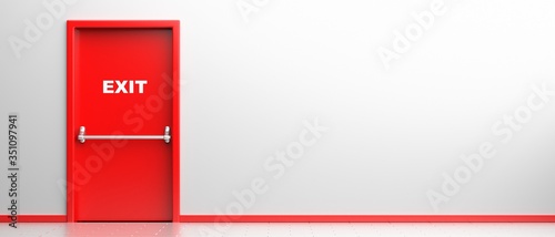 Fire exit sign on a red door in white color building interior background. Fire safety escape route. 3d illustration photo