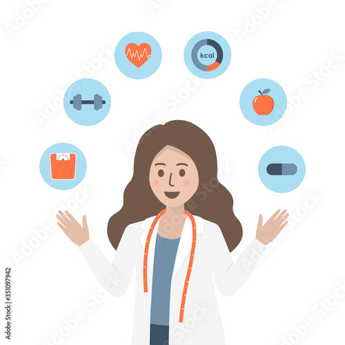 Female nutritionist doctor or dietitian with measuring tape and health icons isolated on white background. Medical consultation, healthcare and nutrition diet plan concept. Flat vector illustration.
