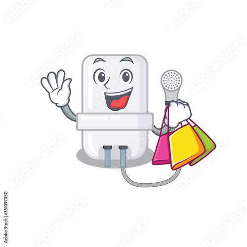 wealthy electric water heater cartoon character with shopping bags