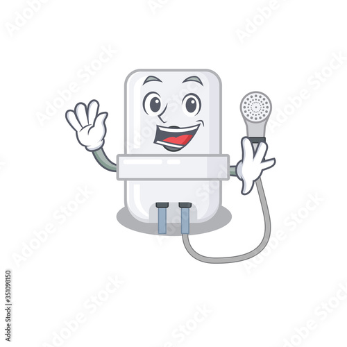 A charming electric water heater mascot design style smiling and waving hand