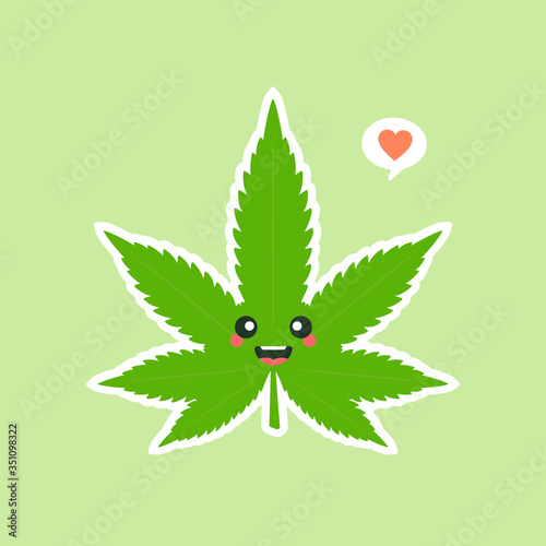 Cute and kawaii smiling happy marijuana weed green leaf face. Vector flat cartoon character illustration icon design. Isolated on color background. marihuana ganja, medical and recreation cannabis