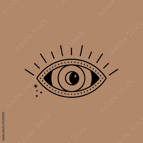 Mystical eye logo with moon and stars in a trendy minimal linear style. Vector emblem symbol of witchcraft
