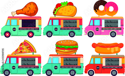 Fototapeta Naklejka Na Ścianę i Meble -  Food Truck Collection Chicken Taco, Donut Pizza Hamburguer Hot Dot Illustrator Vector