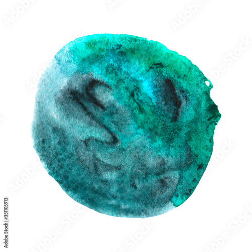abstract watercolor stain, bright green-blue circle of paint
