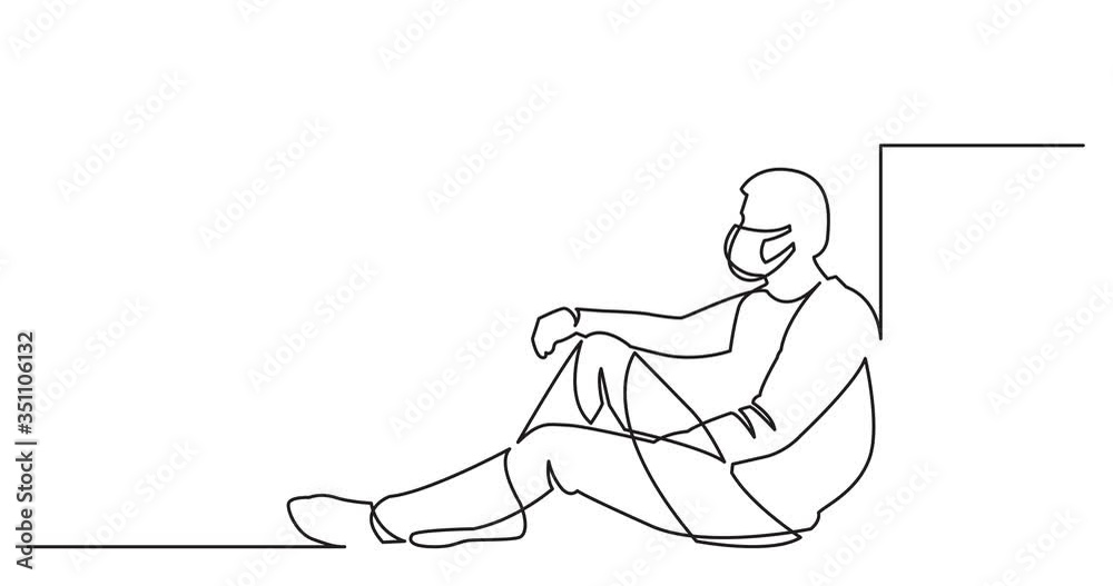 Animation of continuous line drawing of sitting man in protective mask thinking Animation of continuous line drawing of sitting man in protective mask thinking