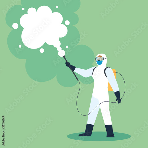 person with protective suit or spraying viruses of covid 19, desinfection virus concept