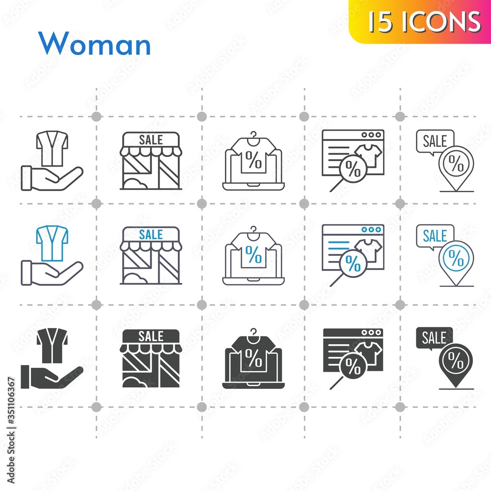 Fototapeta premium woman icon set. included online shop, shop, jacket, placeholder icons on white background. linear, bicolor, filled styles.