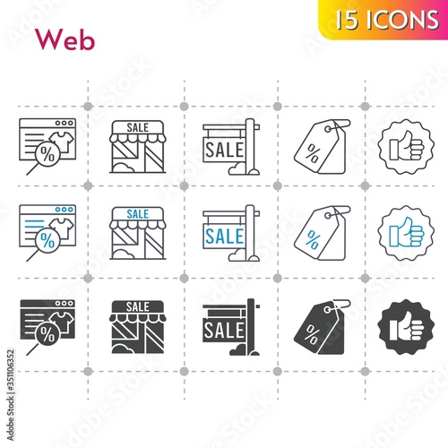 web icon set. included online shop, sale, shop, like, price tag icons on white background. linear, bicolor, filled styles.