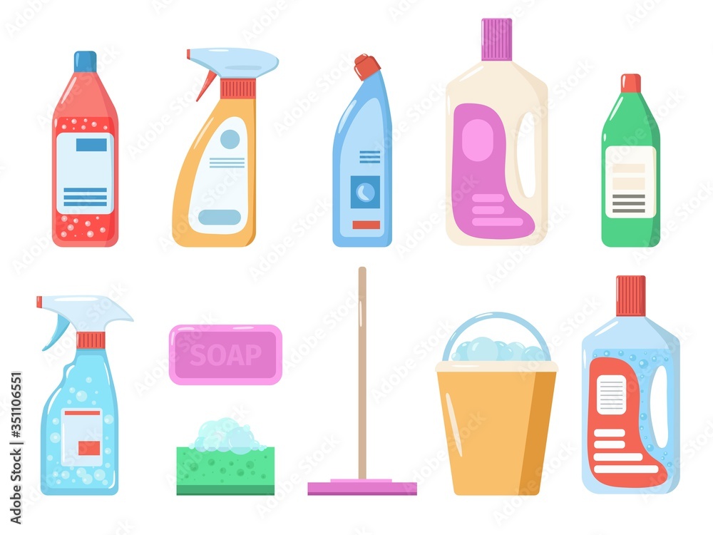 Cleaning and disinfection set. Detergent products for removing dirt, bacteria and viruses. Vector illustration of antibacterial cleansers. Isolated on white background. Cleaning and disinfection set. Detergent products for removing dirt, bacteria and viruses. Vector illustration of antibacterial cleansers. Isolated on white background.