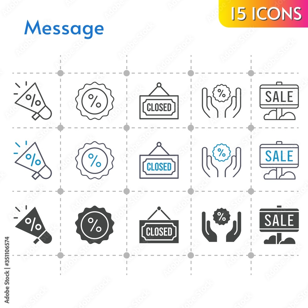 message icon set. included megaphone, sale, discount, closed icons on white background. linear, bicolor, filled styles. message icon set. included megaphone, sale, discount, closed icons on white background. linear, bicolor, filled styles.