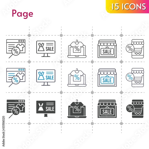 page icon set. included online shop, shop icons on white background. linear, bicolor, filled styles.