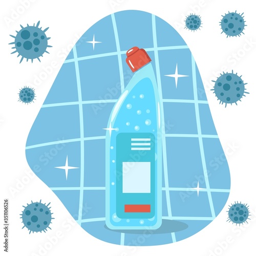 Cleaning and disinfecting  product for housekeeping. Antibacterial detergent for removal of viruses and infections. Vector illustration in flat style. Isolated on white background.