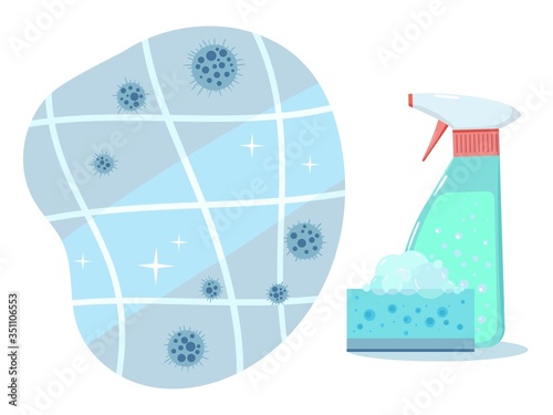 Cleaning and disinfecting concept. Bottle of detergent and sponge with bubbles for household and work at home. Removes bacteria and viruses from surfaces. Vector illustration in flat style. 