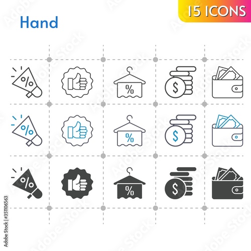 hand icon set. included megaphone, wallet, money, like, towel icons on white background. linear, bicolor, filled styles.