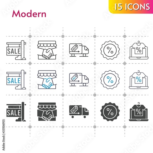 modern icon set. included handshake, online shop, sale, discount, delivery truck icons on white background. linear, bicolor, filled styles.