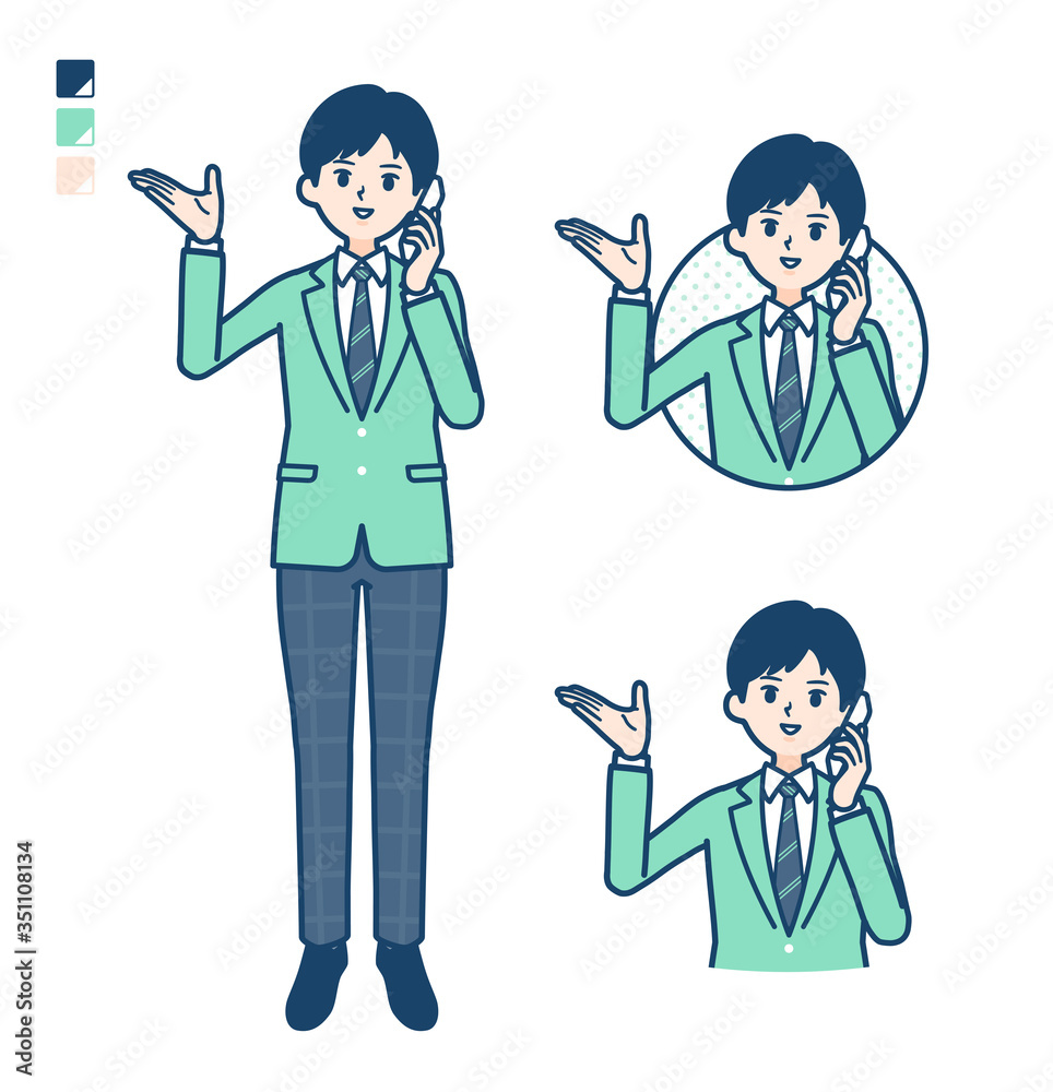 simple school boy Green Blazer_smartphone-call simple school boy Green Blazer_smartphone-call