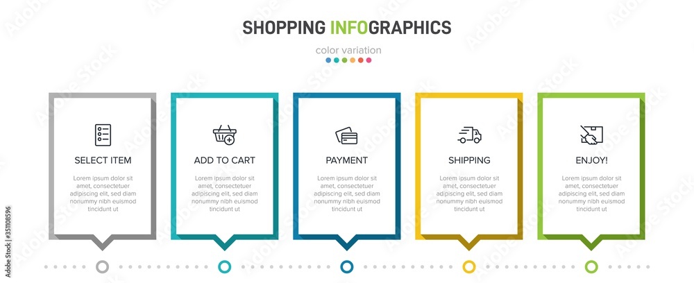 Concept of shopping process with 5 successive steps. Five colorful graphic elements. Timeline design for brochure, presentation, web site. Infographic design layout. Concept of shopping process with 5 successive steps. Five colorful graphic elements. Timeline design for brochure, presentation, web site. Infographic design layout.