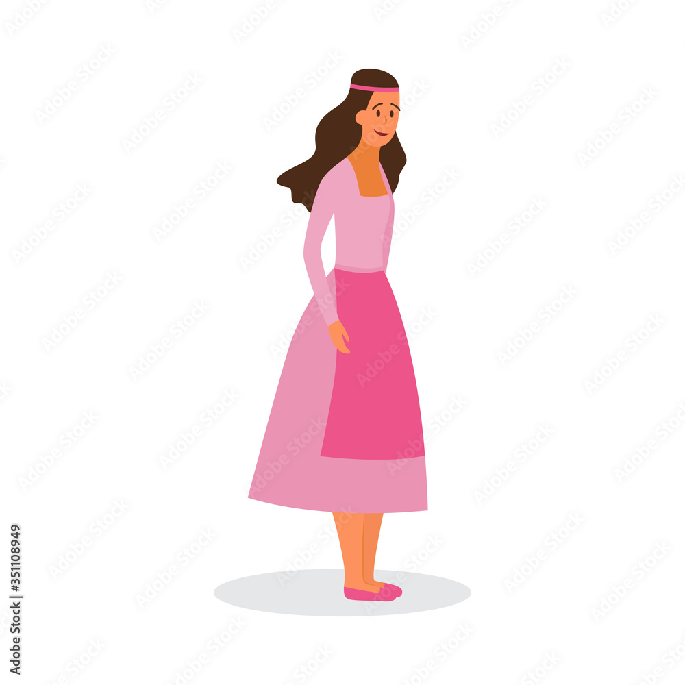 Woman character in historic ethnic costume, flat vector illustration isolated.