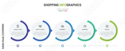 Concept of shopping process with 5 successive steps. Five colorful graphic elements. Timeline design for brochure, presentation, web site. Infographic design layout.