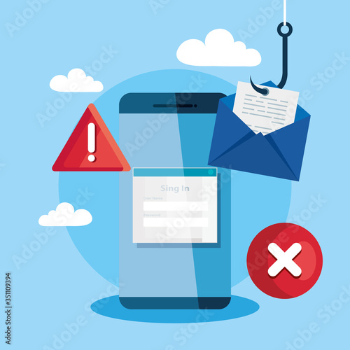 data phishing hacking online scam concept, with smartphone and icons hook vector illustration design