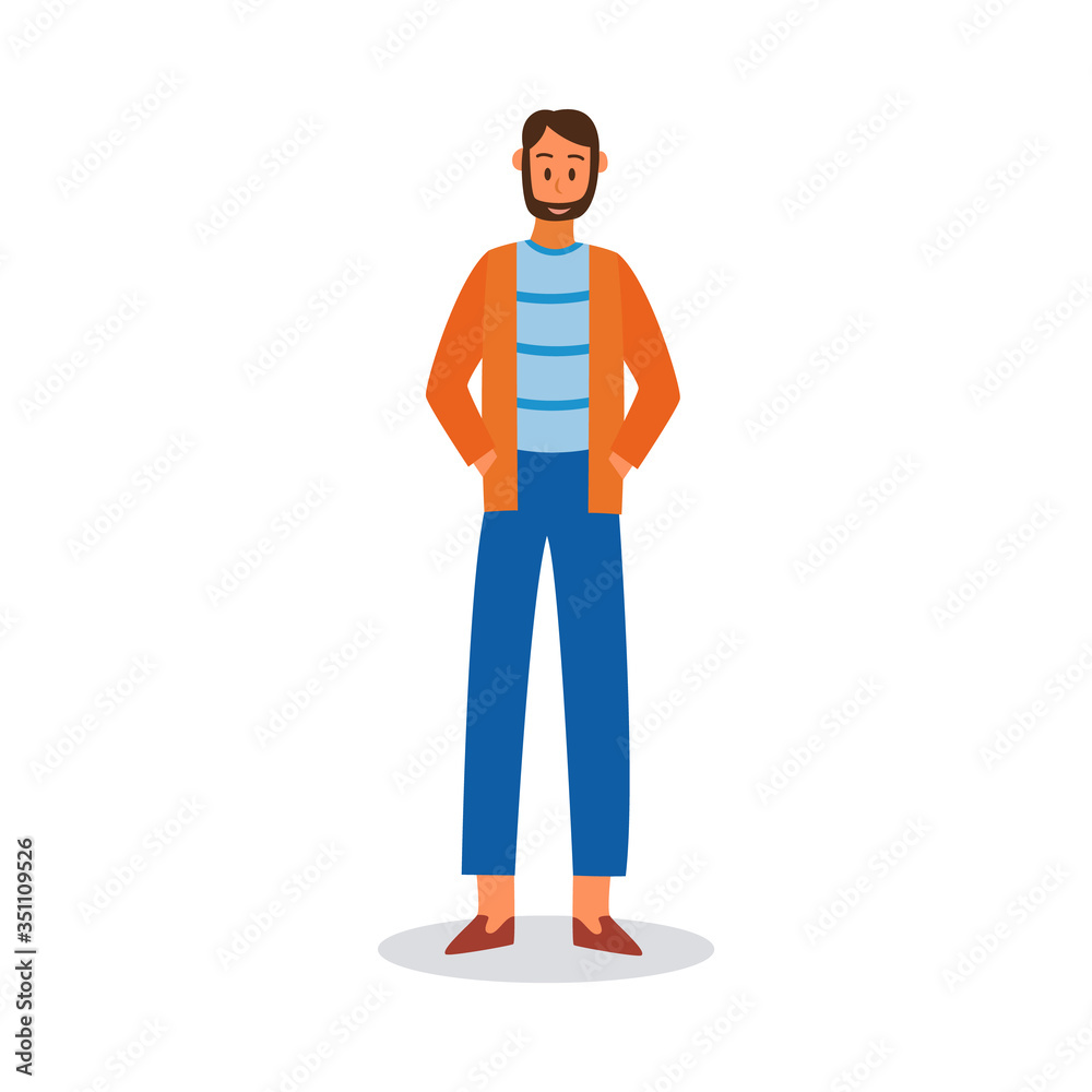 Smiling cartoon guy or young man in casual clothes, flat vector illustration isolated on white background. Modern urban male character or personage icon.