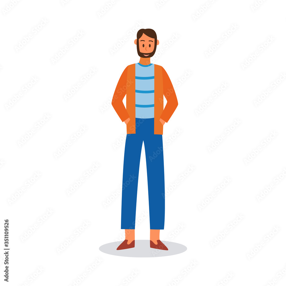 Smiling cartoon guy or young man in casual clothes, flat vector illustration isolated on white background. Modern urban male character or personage icon. Smiling cartoon guy or young man in casual clothes, flat vector illustration isolated on white background. Modern urban male character or personage icon.