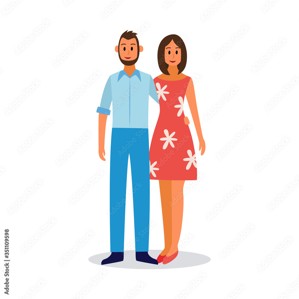 Young couple in love or just married, flat vector illustration isolated.