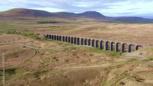 Aerial of The Ribblehead Viaduct a Grade II listed structure, the Viaduct runs the Settle to Carlisle railway route in North Yorkshire, England. photo